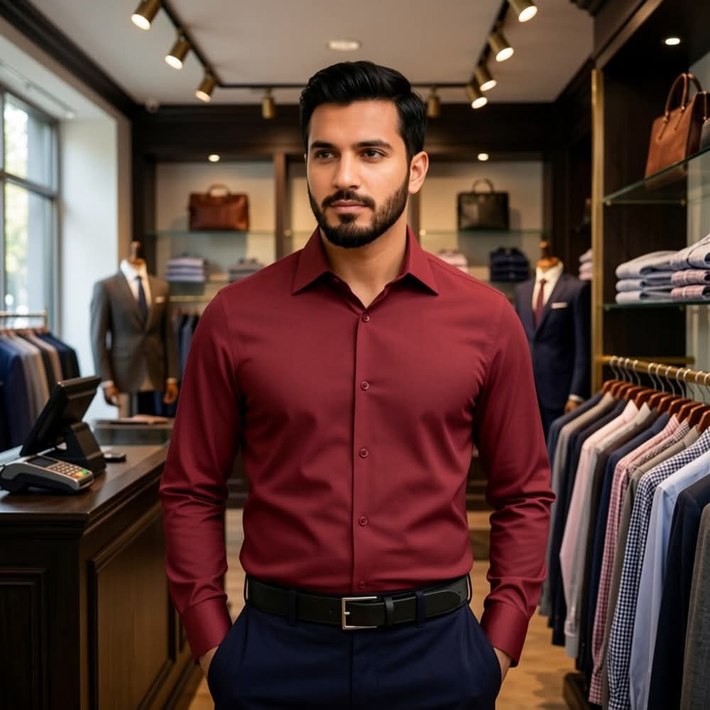 Men's Premium China High-Spandex Formal Shirt - Wine Red